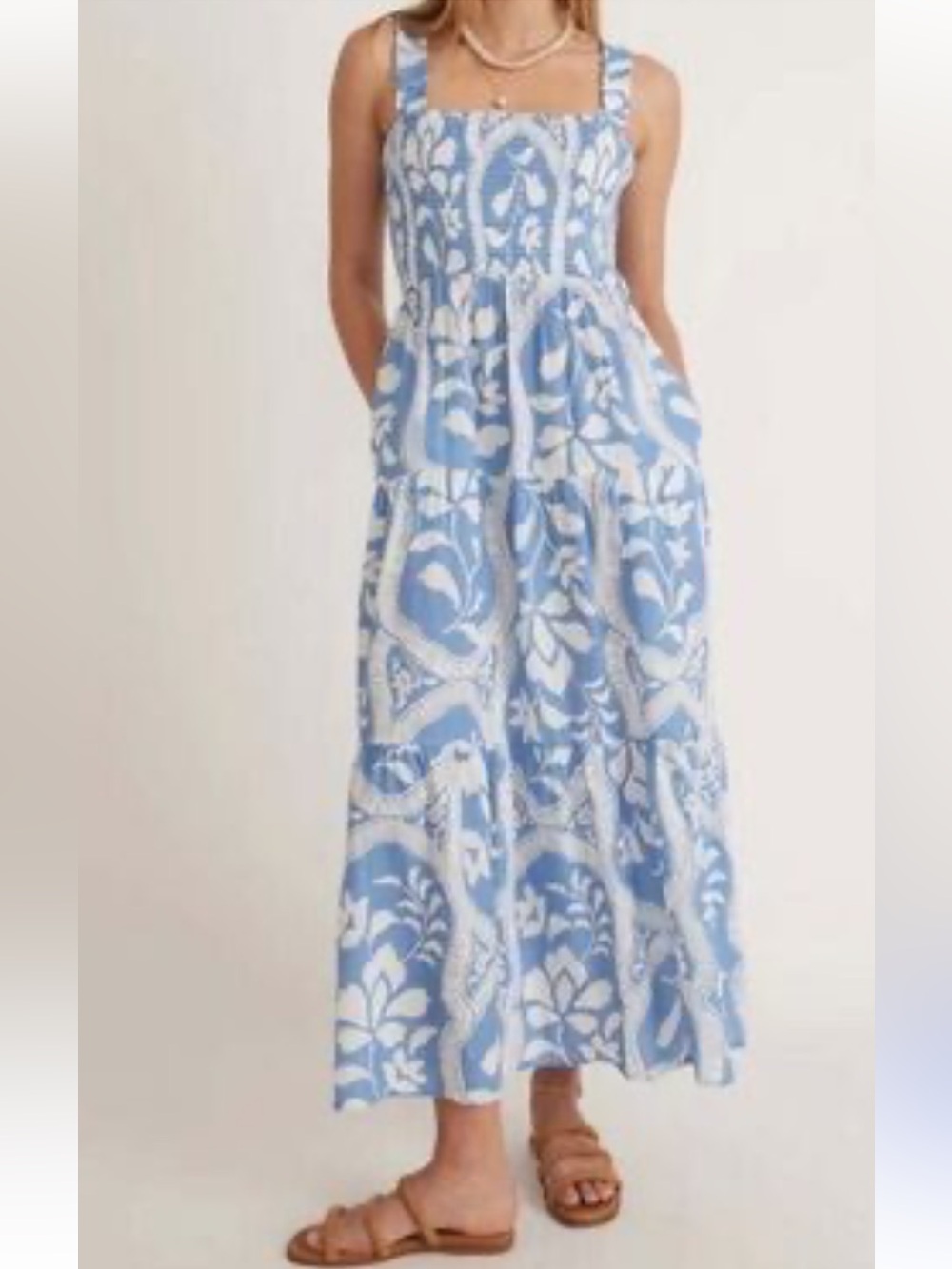 NWT Marine Layer Selene Smocked Maxi Dress Blue Tile Floral Coastal Cottagecore - Picture 2 of 10